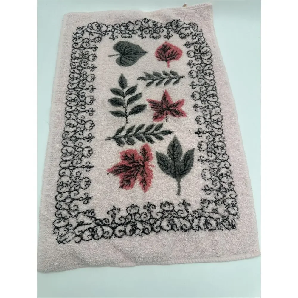 Vintage Spunwell Towel Set Bath, Wash,Hand Towel Pink Leaves Black Scrollwork